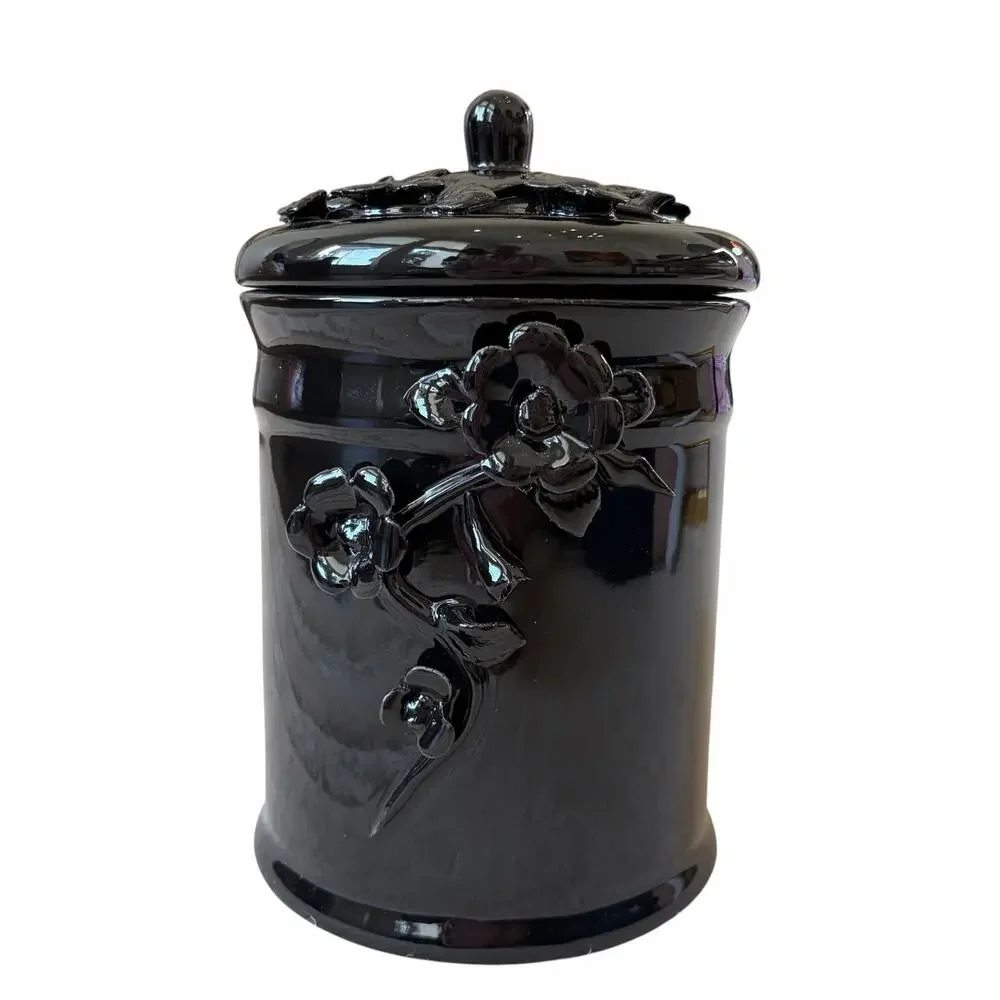Potters Studio Black 3D Floral Canister w/ Lid 8.5in Halloween Cookie Jar NEW